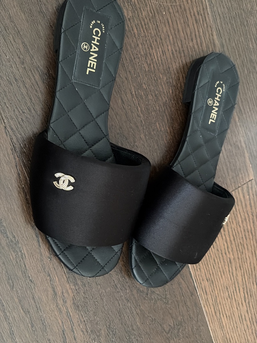 CHANEL Black Satin Quilted Slide Sandals with Gold CC Emblem - Picture 5 of 7